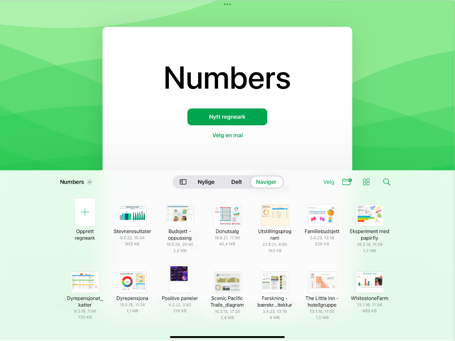 Numbers-dokumenthåndterer med knapper for å opprette et nytt regneark eller velge en mal øverst på skjermen, og kontroller for å åpne arkiverte regneark nederst.