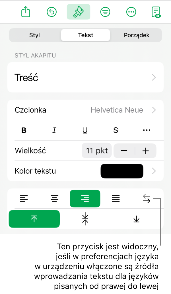 Sekcja Styl na pasku bocznym Format z opisem wskazującym przycisk Od prawej do lewej.