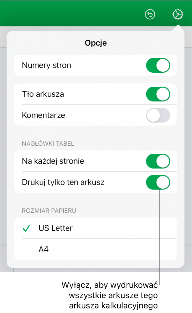 Panel podglądu wydruku, zawierający narzędzia do pokazywania numerów stron, powtarzania nagłówków na każdej stronie, zmieniania rozmiaru papieru oraz wybierania drukowania całego arkusza kalkulacyjnego lub tylko bieżącego arkusza.