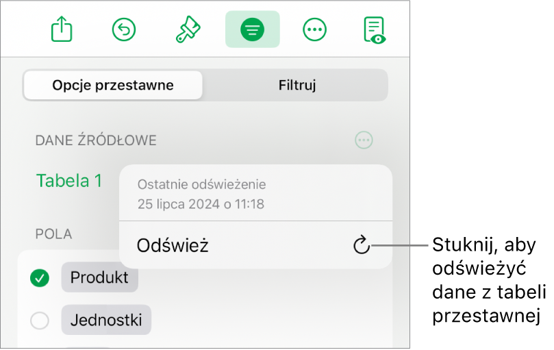 Menu Opcje przestawne pokazujące opcje odświeżania tabeli przestawnej.