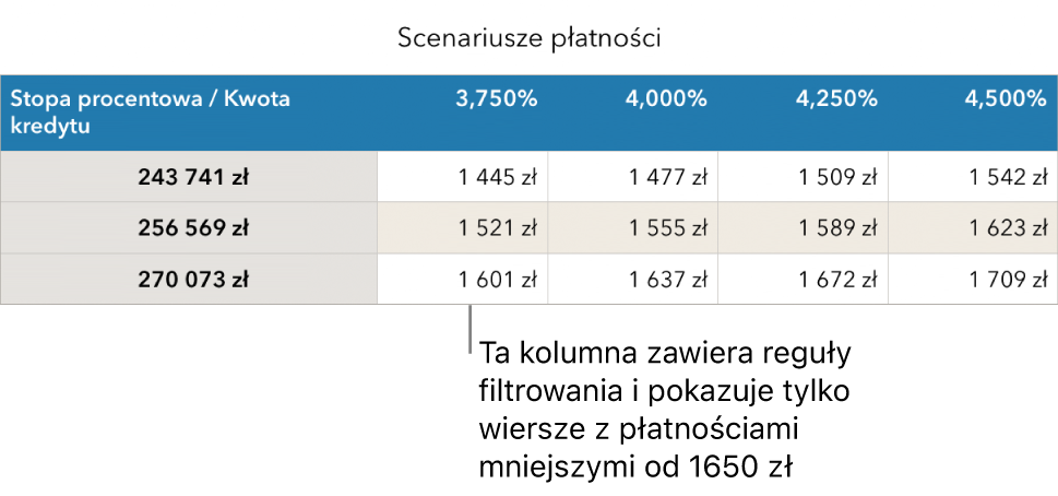 Tabela kredytu hipotecznego po filtrowaniu w celu wyświetlenia przystępnych rat.