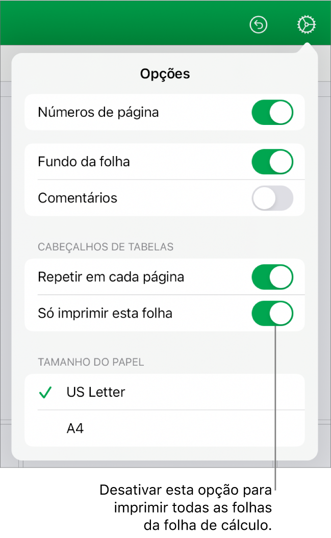 Painel de pré-visualização de impressão, com os controlos para mostrar os números de página, o mesmo cabeçalho em cada página, alterar o tamanho do papel e a opção para imprimir todas as folhas da folha de cálculo ou apenas a folha atual.