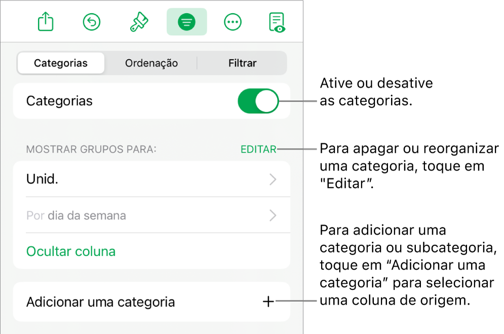 O menu "Categorias” para iPad com opções para desativar as categorias, apagar categorias, reagrupar dados, ocultar uma coluna de origem e adicionar categorias.