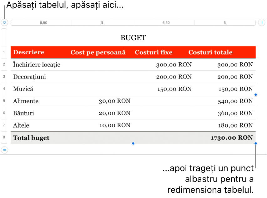 Un tabel selectat, cu puncte albastre pentru redimensionare.