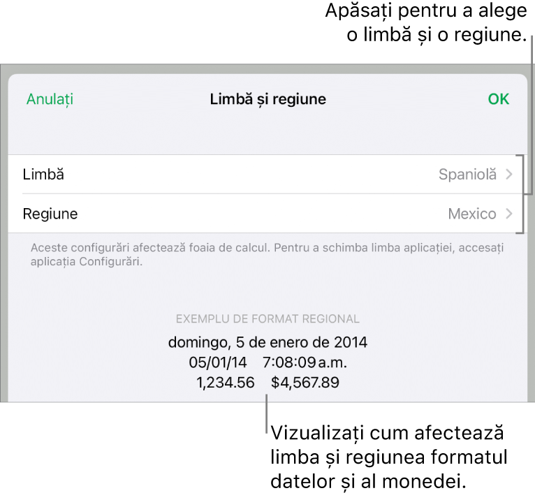 Panoul Limbă și regiune, cu comenzile pentru limbă și regiune și un exemplu de format, inclusiv data, ora, zecimale și valuta.
