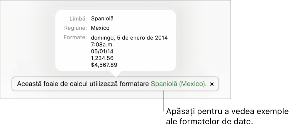 Notificarea privind configurarea limbii și regiunii diferite, afișând exemple de formatare în limba și regiunea respectivă.