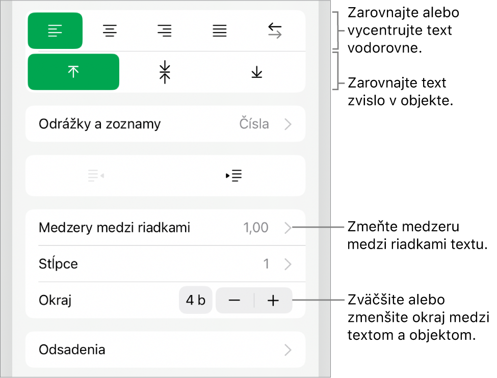 Časť Rozmiestnenie v inšpektorovi formátov s bublinami popisujúcimi tlačidlá zarovnania textu a tlačidlá na nastavenie medzier.