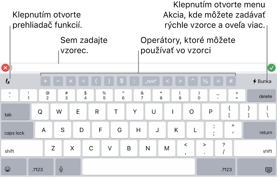 Klávesnica na zadávanie vzorcov. Vo vrchnej časti sa nachádza editor vzorcov, pod ním sú operátory, ktoré sa používajú vo vzorcoch. Tlačidlo Funkcie slúžiace na otváranie Prehliadača funkcií sa nachádza vľavo od operátorov. Vpravo sa nachádza tlačidlo slúžiace na otváranie menu Akcia.