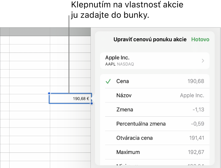 Vyskakovacie okno cenovej ponuky akcie s názvom akcie v hornej časti a možnosťami výberu atribútov akcie vrátane ceny, názvu, zmeny, percentuálnej zmeny, otváracej a najvyššej ceny v dolnej časti