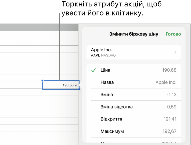 Спливне меню «Біржова ціна» з назвою акції вгорі, а також доступними атрибутами, як-от ціна, назва, зміна, процентна зміна, найвище значення та ціна на момент відкриття внизу.