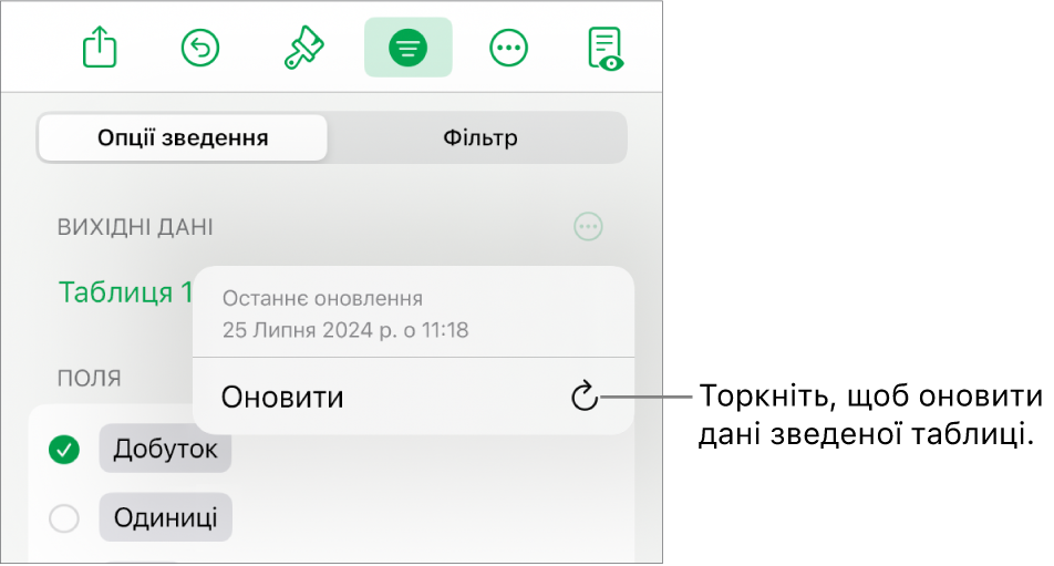 Меню «Опції зведення» з опцією оновлення зведеної таблиці.