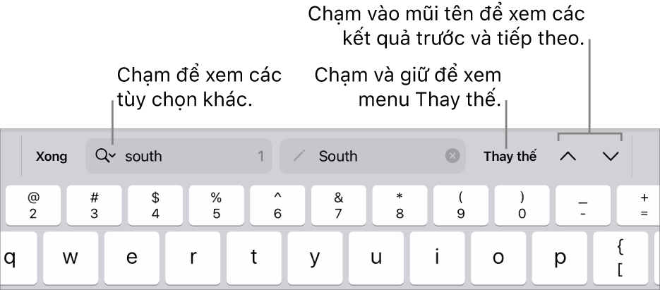 Các điều khiển Tìm & Thay thế bên trên bàn phím với chú thích đến các nút Tùy chọn tìm kiếm, Thay thế, Đi lên và Đi xuống.