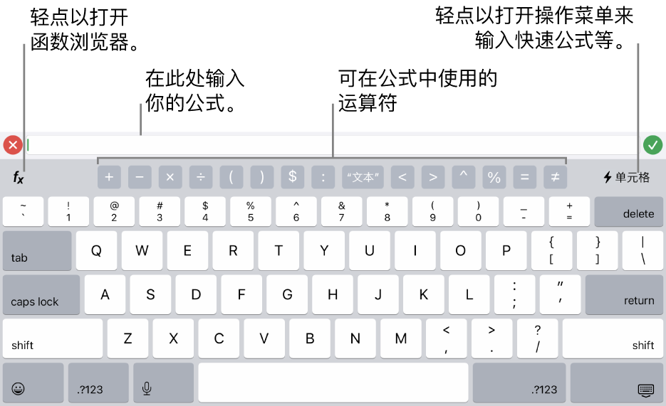 公式键盘，其中公式编辑器位于顶部，公式中所用的运算符显示在下方。用来打开函数浏览器的“函数”按钮位于运算符左边，“操作菜单”按钮位于运算符右边。