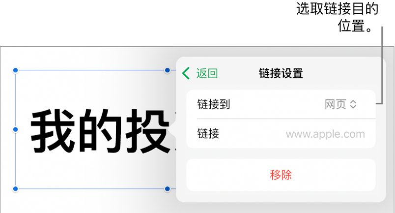 “链接设置”控制，“网页”已选中，“移除”按钮位于底部。