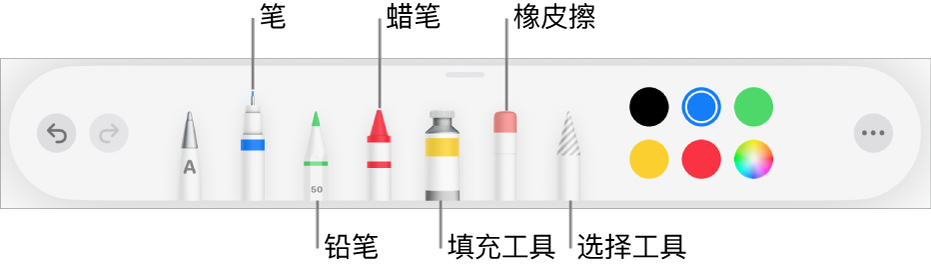 绘图工具栏，包括笔、铅笔、蜡笔、填充工具、橡皮擦、选择工具和显示当前颜色的颜色池。最右侧是“更多”菜单按钮