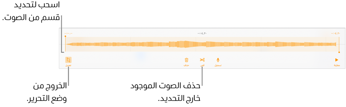 أدوات التحكم لتحرير الملف الصوتي المسجَّل. يوضح المؤشران القسم المحدد من التسجيل، وتوجد بالأسفل أزرار معاينة وتسجيل وقص وحذف ووضع التحرير.