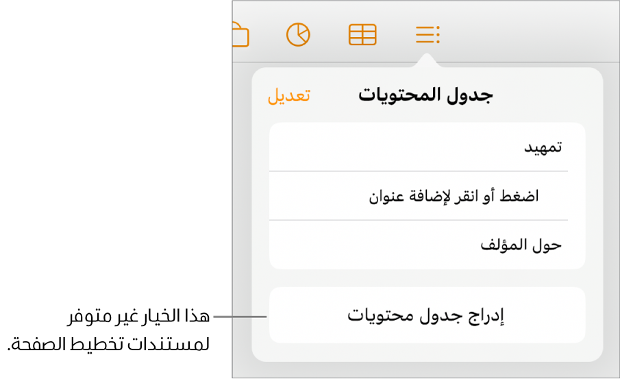 عرض جدول المحتويات وبه زر تحرير في الزاوية العلوية اليسرى وإدخالات جدول المحتويات والزر إدراج جدول محتويات في الأسفل.