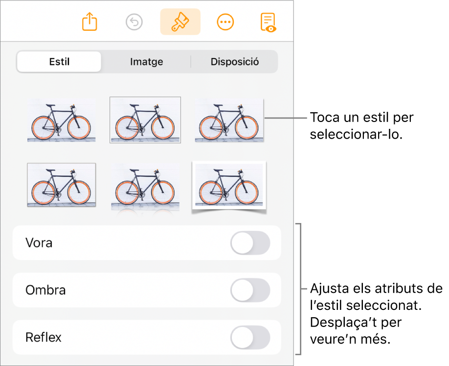 La pestanya Estil del menú Format amb estils d’objecte a la part superior i a sota, els controls per canviar la vora, ombra, reflex i opacitat.