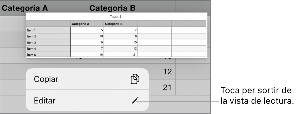 Se selecciona una cel·la de taula i a sobre s’hi pot veure un menú amb els botons “Copia” i “Edita”.