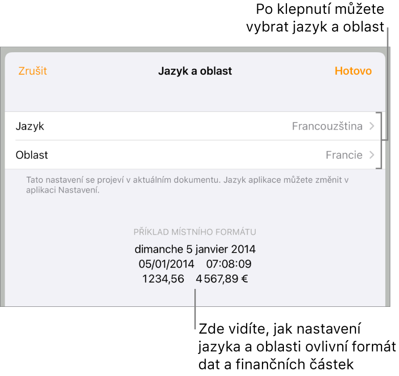 Panel Jazyk a oblast obsahující ovládací prvky pro jazyk a oblast a ukázku formátu, včetně data, času, desetinného oddělovače a měny.