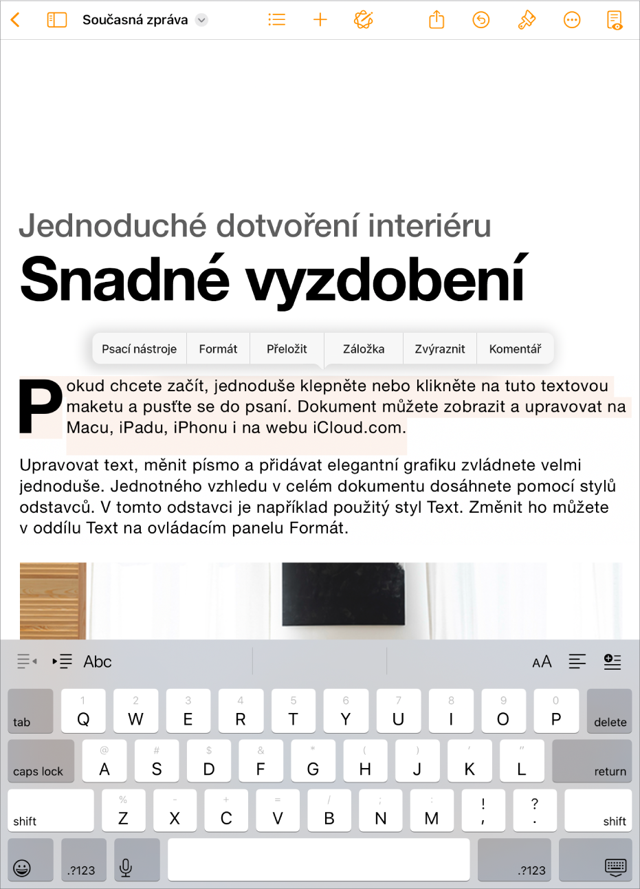 Otevřený dokument Pages s vybraným textem makety