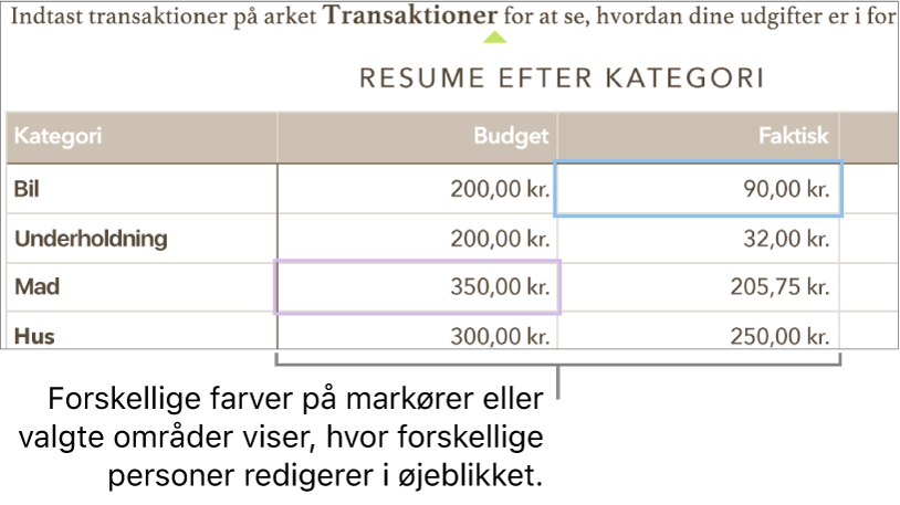 Markører og valgte områder vises i forskellige farver, så du kan se, hvor andre redigerer.