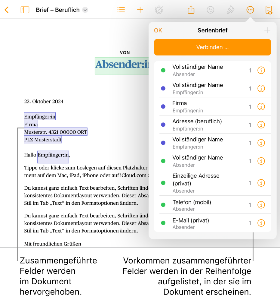 Pages-Dokument mit Serienbrieffeldern für Absender und Empfänger sowie der Liste der Serienbrieffeld-Instanzen in der Seitenleiste „Dokument“.