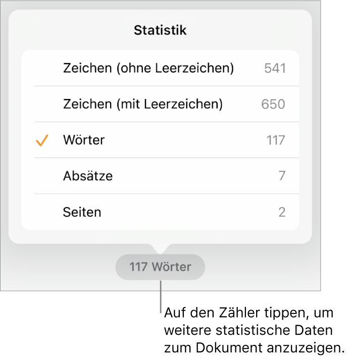 Der Wortzähler mit einem Menü, das Optionen zum Anzeigen der Zahl der Zeichen ohne und mit Leerzeichen, die Wortanzahl, die Zahl der Absätze und die Zahl der Seiten anzeigt