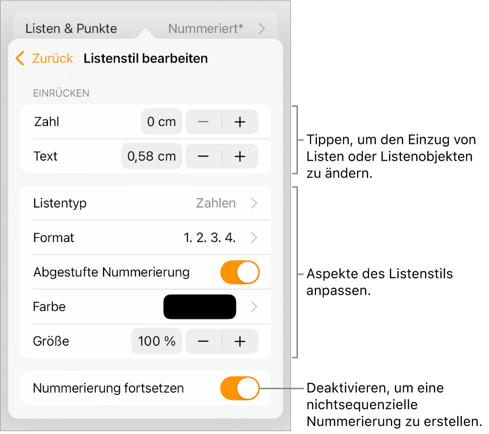 Das Menü „Listenstil bearbeiten“ mit Steuerelementen für Einzug, Listenart und -format, abgestufte Nummerierung, Listenfarbe und -größe sowie kontinuierliche Nummerierung.