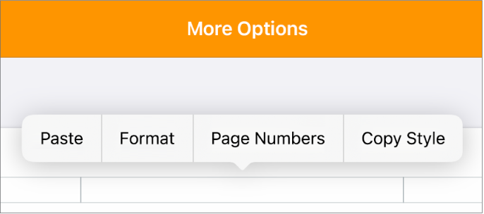 Three header fields with the insertion point in the centre one and a pop-up menu showing Page Numbers.