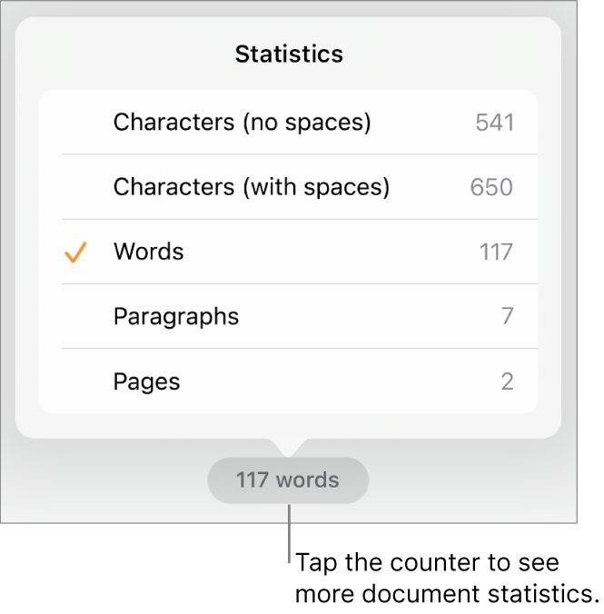 The word counter with a menu showing options to show the number of characters without and with spaces, word count, paragraph count and page count.