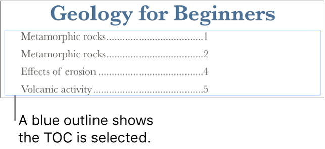 A table of contents inserted into a document. Entries show headings along with their page numbers.