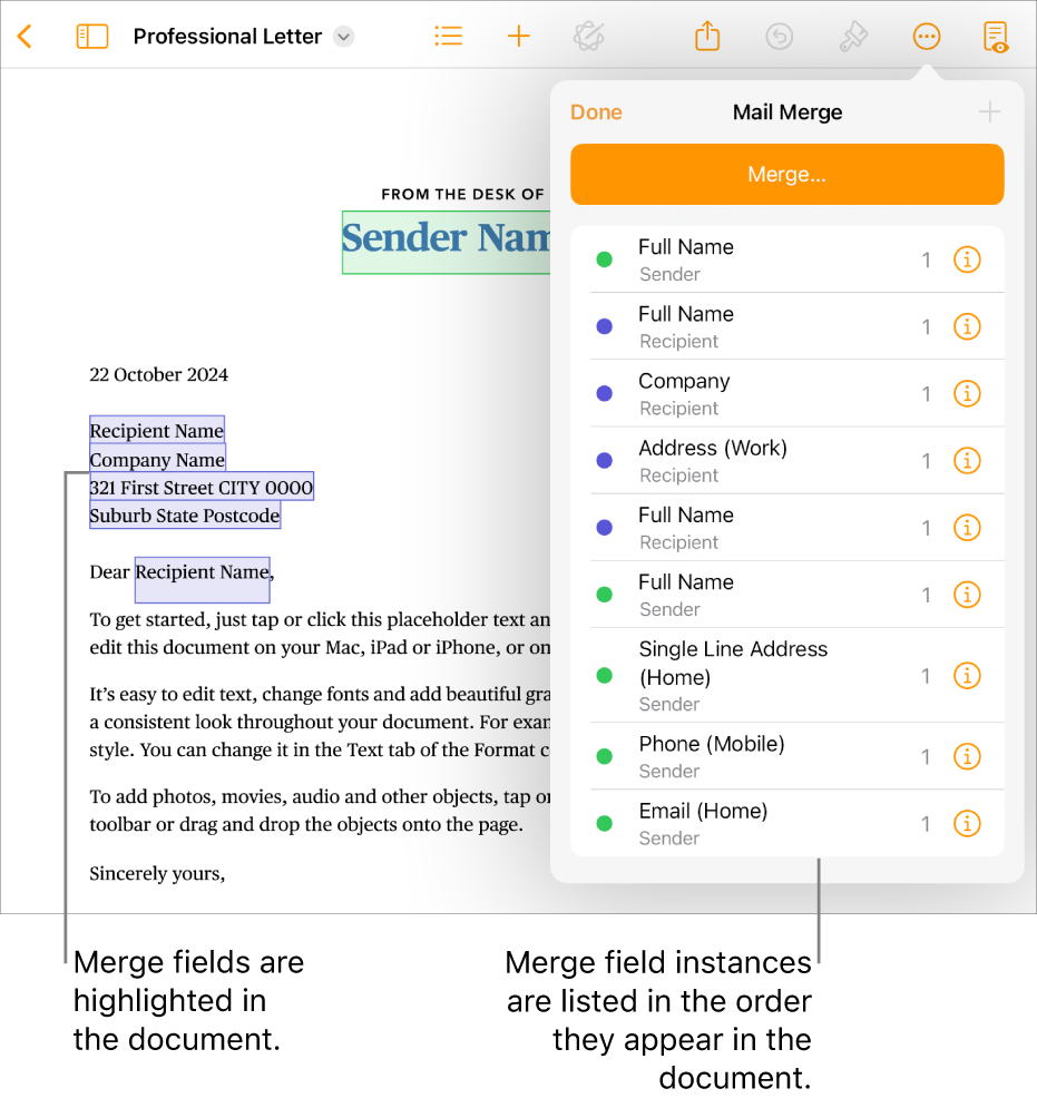 Pages document with recipient and sender merge fields, and the merge field instances list visible in the Document sidebar.