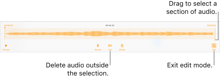 Controls for editing recorded audio. Handles indicate the selected section of the recording, and Preview, Record, Trim, Delete and Edit Mode buttons are below.