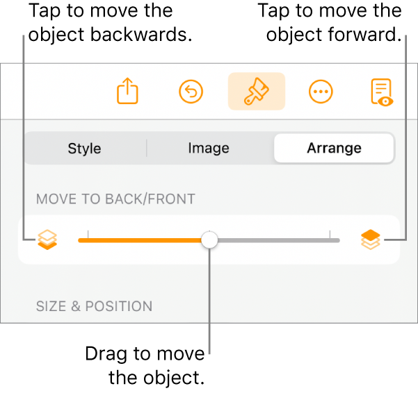 The Move Backward button, the Move Forward button and the layering slider.