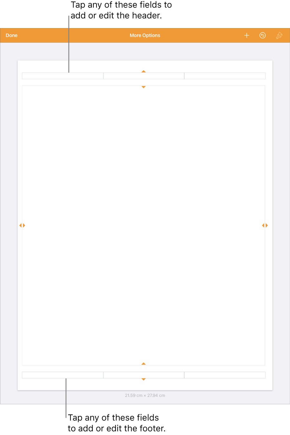 The More Options view with three fields at the top of the document for headers and three fields at the bottom for footers.