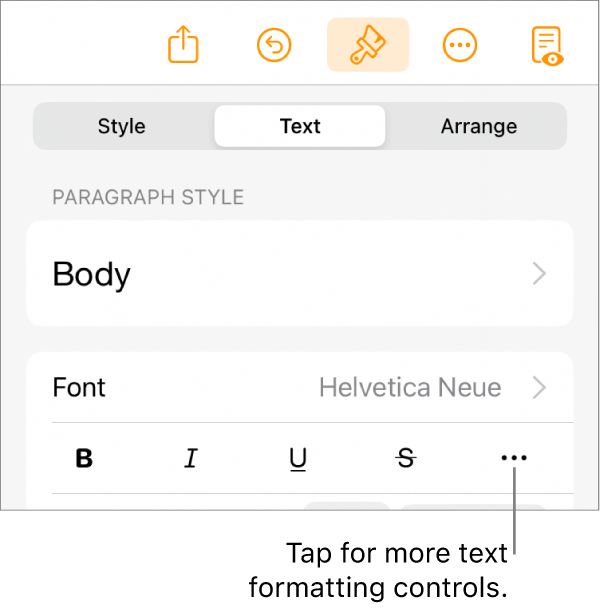 The Text tab of the Format controls, with a callout to the More Text Options button.