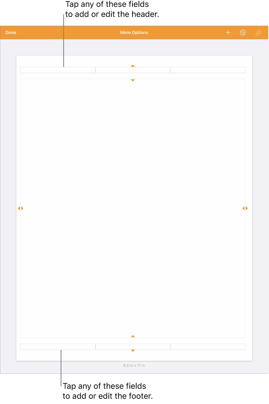 The More Options view with three fields at the top of the document for headers and three fields at the bottom for footers.