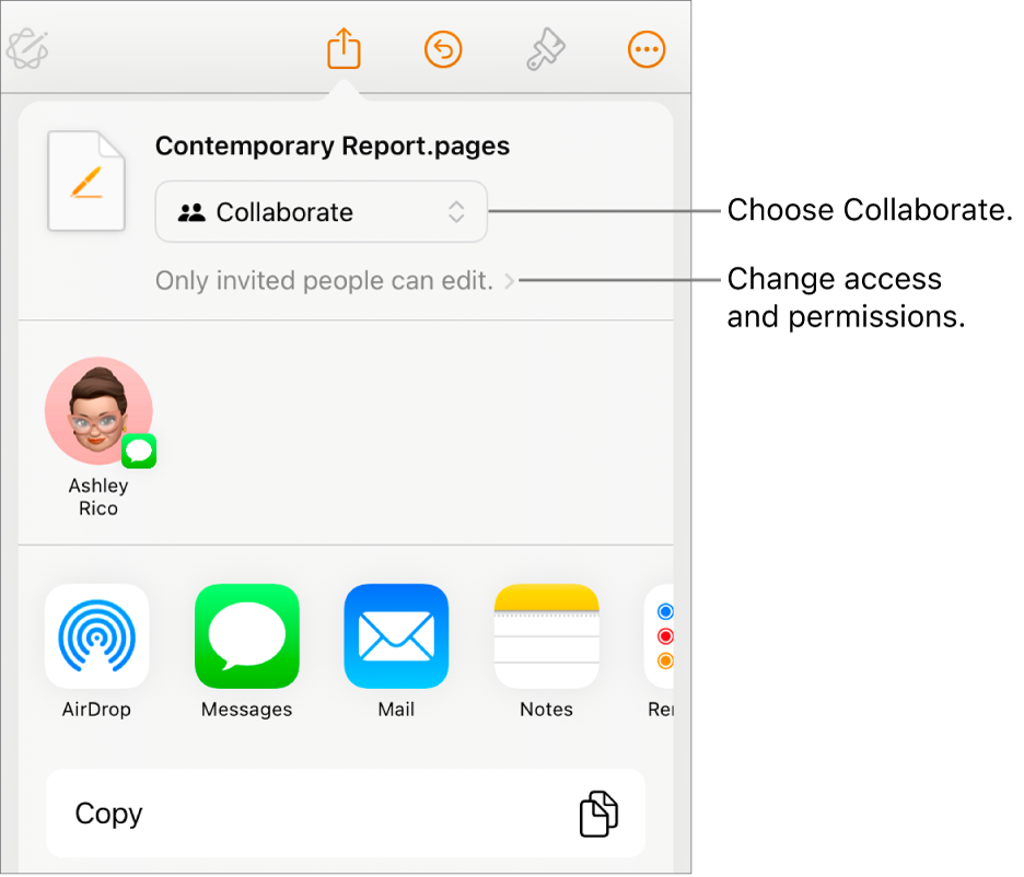 The Share menu with Collaborate selected at the top, and access and permission settings underneath.