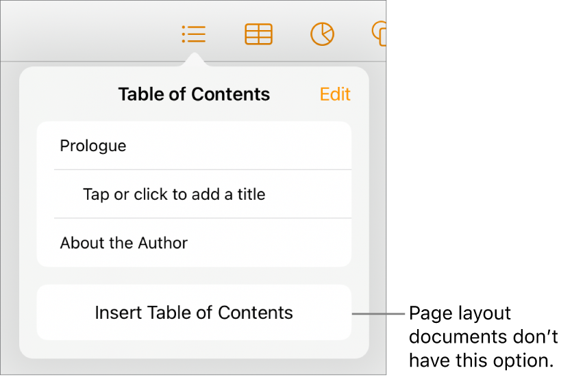 The table of contents view with Edit in the top-right corner, TOC entries, and the Insert Table of Contents button at the bottom.