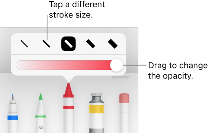 Controls for choosing a stroke size and a slider for adjusting the opacity.