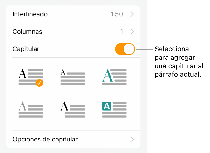 Los controles de letra capitular en el menú Texto.