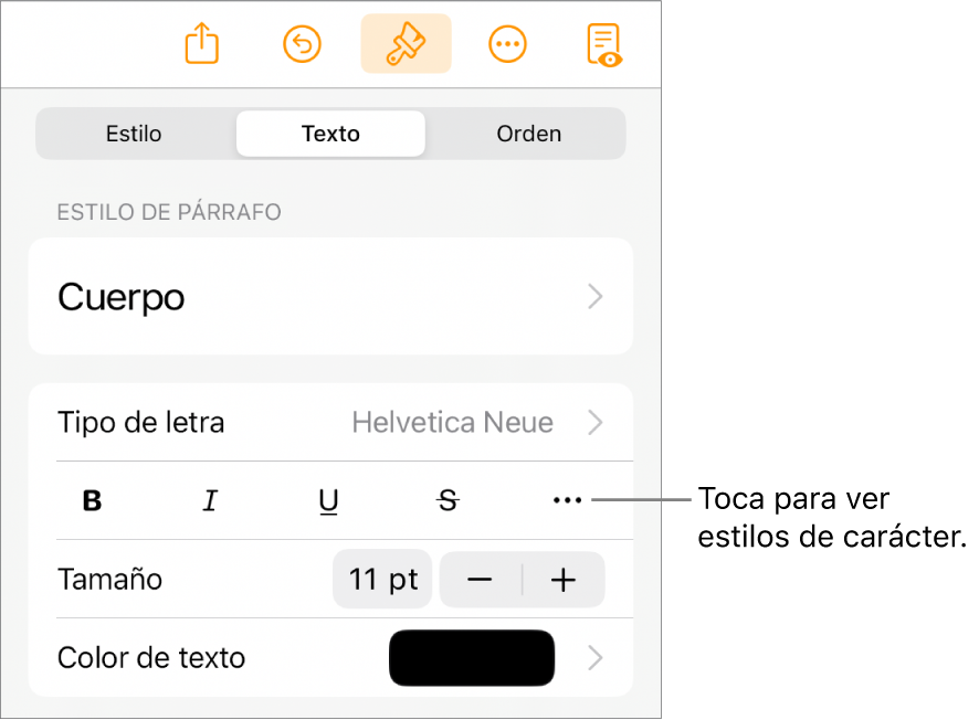 Los controles de formato con los estilos de párrafo en la parte superior, seguidos de los controles para Tipo de letra. Debajo de Tipo de letra aparecen los botones Negrita, Cursiva, Subrayado, Tachado y Más opciones de texto.