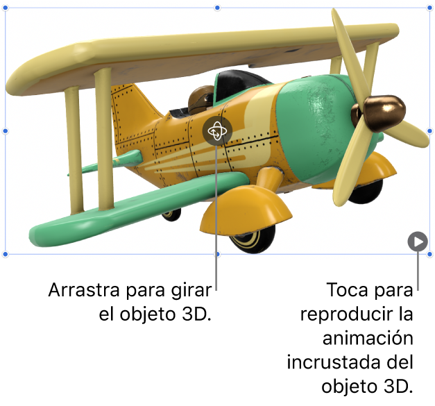 Un objeto 3D con el botón Girar en el centro del objeto y el botón Reproducir en la esquina inferior derecha.