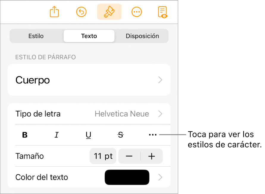 Los controles de Formato con los estilos de párrafo en la parte superior y, después, los controles de “Tipo de letra”. Debajo de “Tipo de letra” están los botones Negrita, Cursiva, Tachado y “Más opciones de texto”