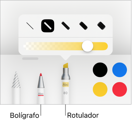 El menú de la herramienta de anotación inteligente, con los botones de bolígrafo y rotulador, las opciones de anchura de línea y el regulador de opacidad.