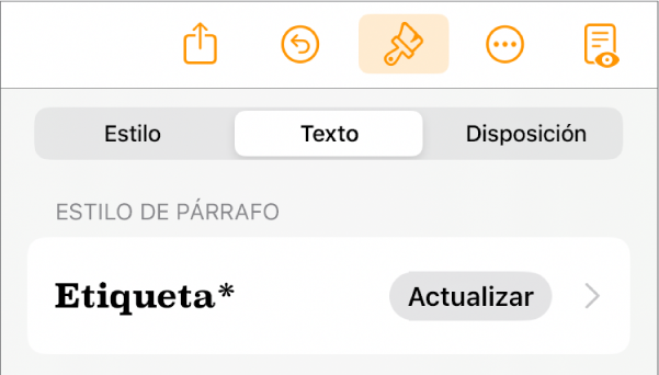 El estilo de párrafo Cuerpo con un asterisco junto a él y un botón Actualizar a la derecha.