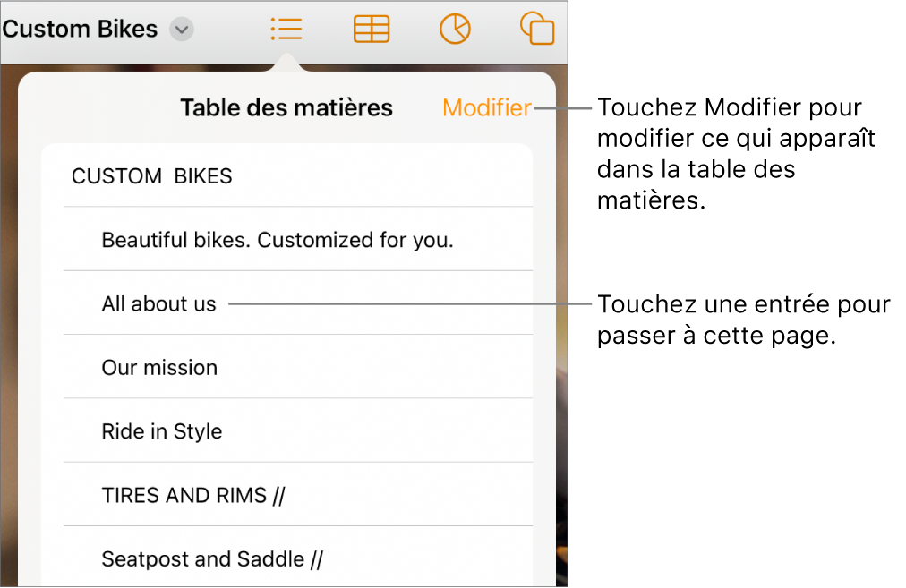La présentation de la table des matières avec les entrées sous forme de liste. Le bouton Modifier se trouve dans le coin supérieur droit de la présentation.