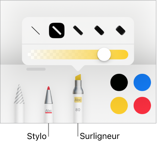 Le menu de l’outil d’annotation intelligente avec les boutons Stylo et Surligneur, les options de largeur de ligne et le curseur d’opacité.