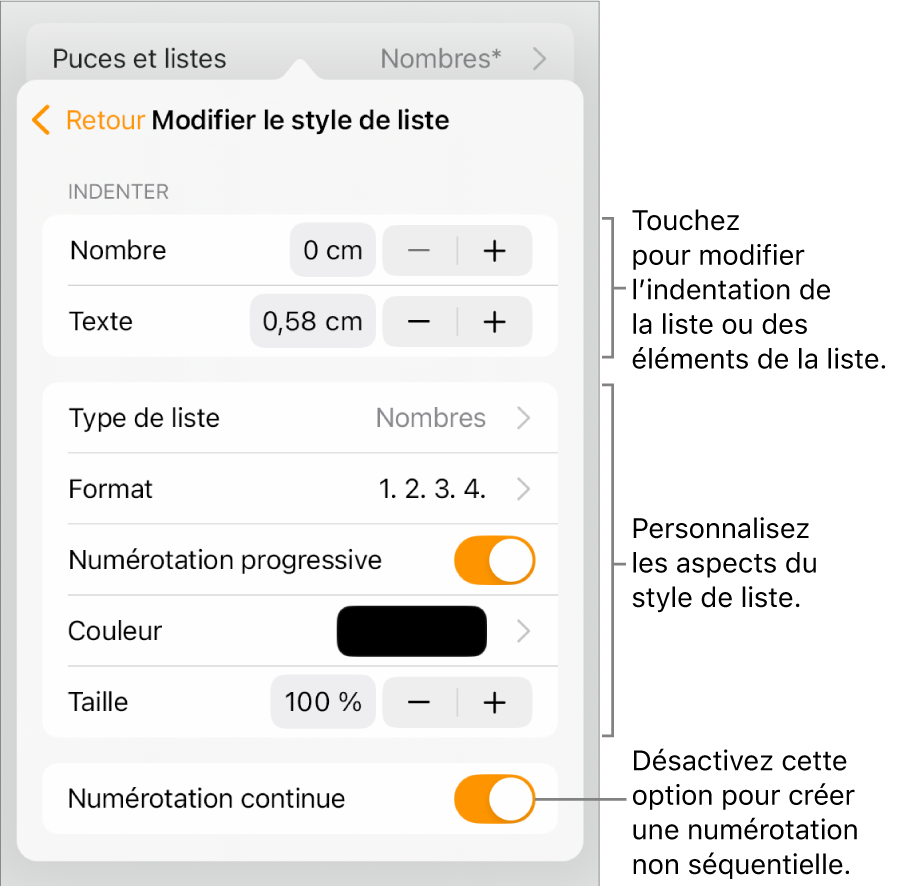 Le menu « Modifier le style de liste » avec des commandes d’espacement de l’indentation, de type et de format de liste, de numérotation progressive, de couleur et de taille de liste, et de numérotation continue.